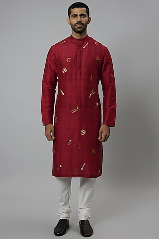 Red Raw Silk & Katan Silk Embroidered Kurta Set by Divyam Mehta Men