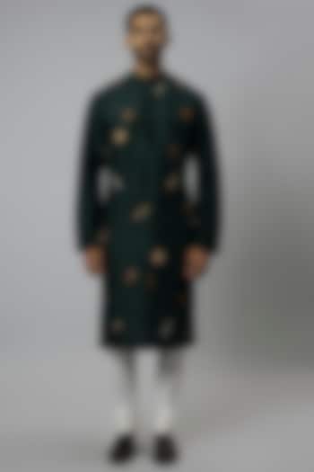 Bottle Green Raw Silk & Katan Silk Embroidered Kurta Set by Divyam Mehta Men at Pernia's Pop Up Shop