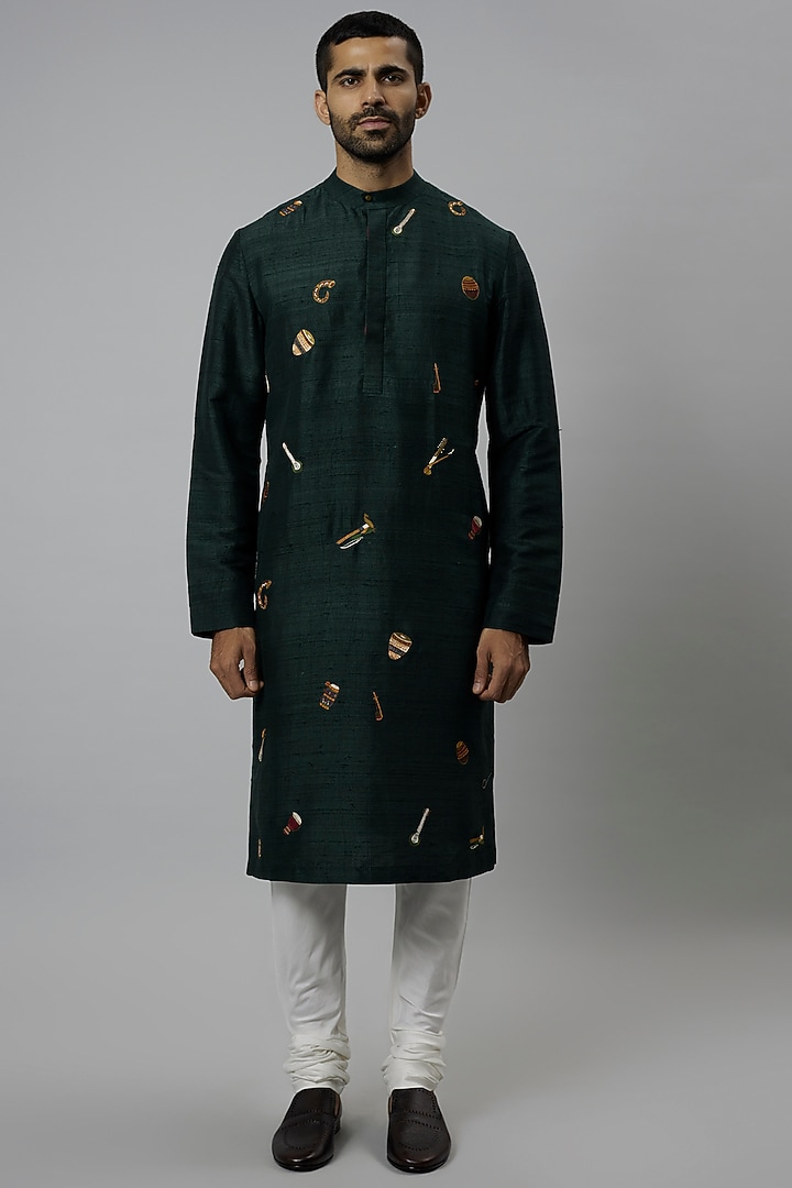 Bottle Green Raw Silk & Katan Silk Embroidered Kurta Set by Divyam Mehta Men at Pernia's Pop Up Shop