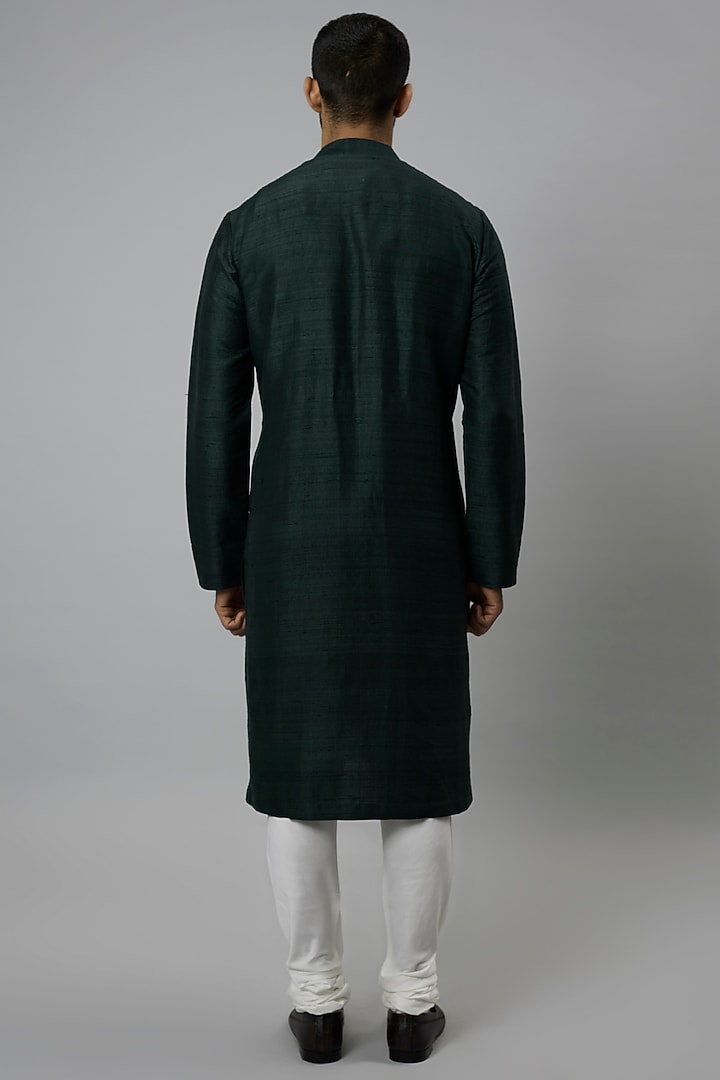 Bottle Green Raw Silk & Katan Silk Embroidered Kurta Set by Divyam Mehta Men at Pernia's Pop Up Shop
