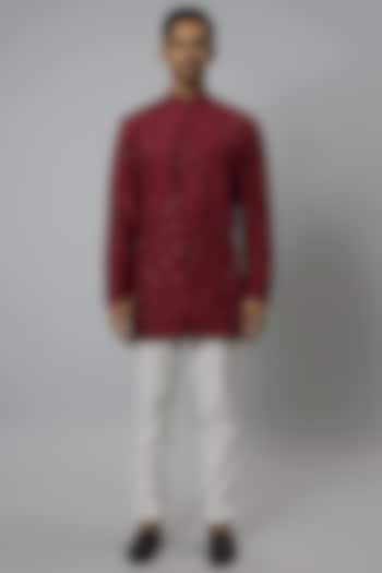 Red Raw Silk Bandhani Short Kurta by Divyam Mehta Men