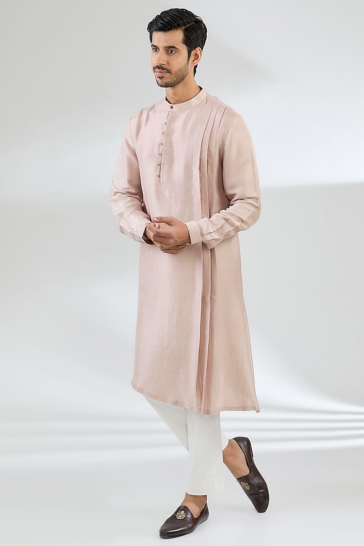 Pink Raw Silk Kurta Set by Divyam Mehta Men