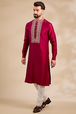 Pink Cotton Silk Thread Embroidered Kurta by Divyam Mehta Men