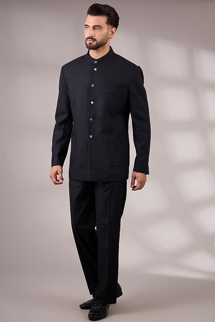 Black Suiting Groom Bandhgala Set by Divyam Mehta Men at Pernia's Pop Up Shop