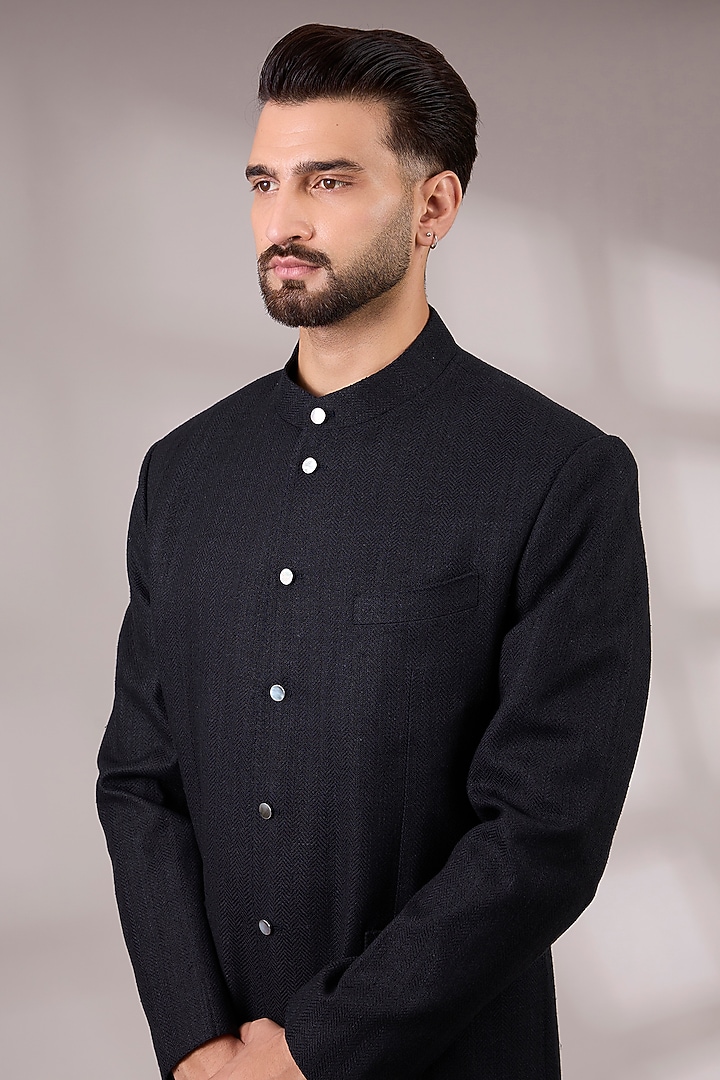 Black Suiting Groom Bandhgala Set by Divyam Mehta Men at Pernia's Pop Up Shop