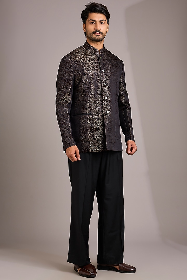 Black Matka Silk Groom Bandhgala Set by Divyam Mehta Men at Pernia's Pop Up Shop