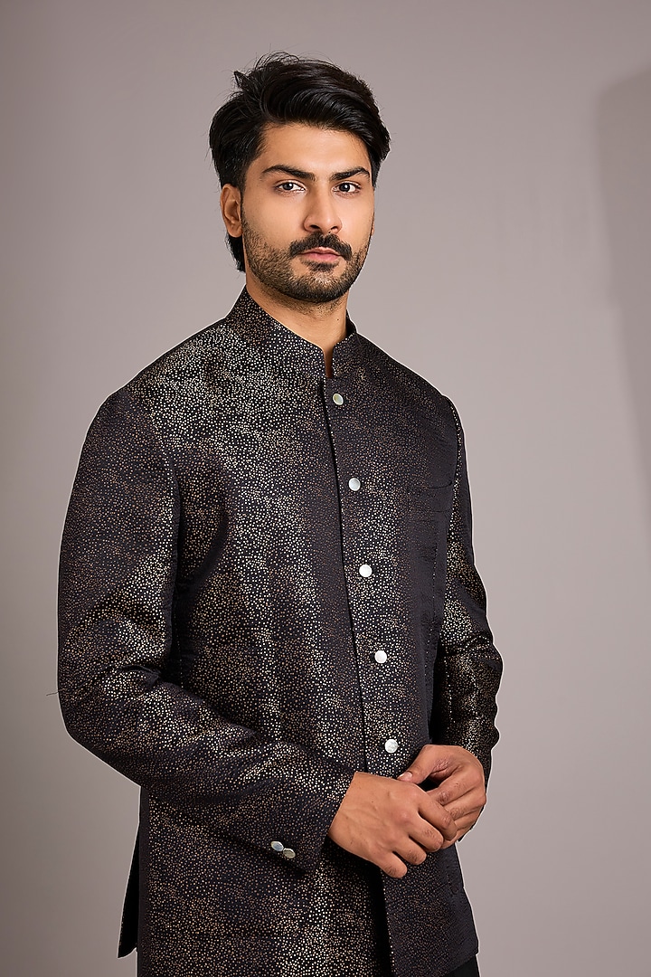 Black Matka Silk Groom Bandhgala Set by Divyam Mehta Men at Pernia's Pop Up Shop
