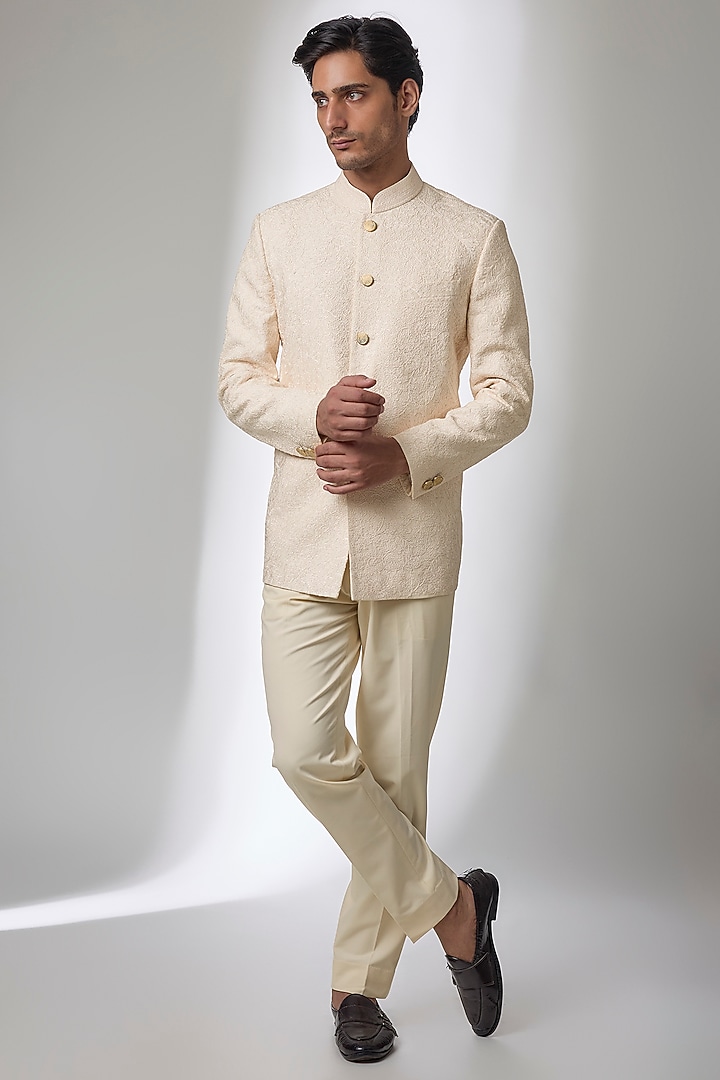 Ivory Matka Silk Groom Bandhgala Set by Divyam Mehta Men at Pernia's Pop Up Shop
