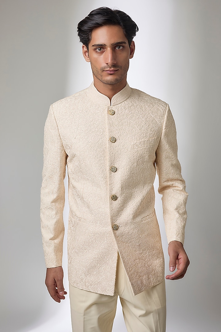 Ivory Matka Silk Groom Bandhgala Set by Divyam Mehta Men at Pernia's Pop Up Shop