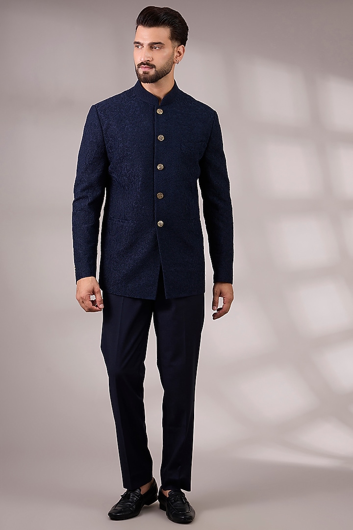 Navy Suiting Groom Bandhgala Set by Divyam Mehta Men at Pernia's Pop Up Shop