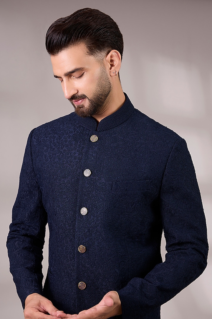 Navy Suiting Groom Bandhgala Set by Divyam Mehta Men at Pernia's Pop Up Shop