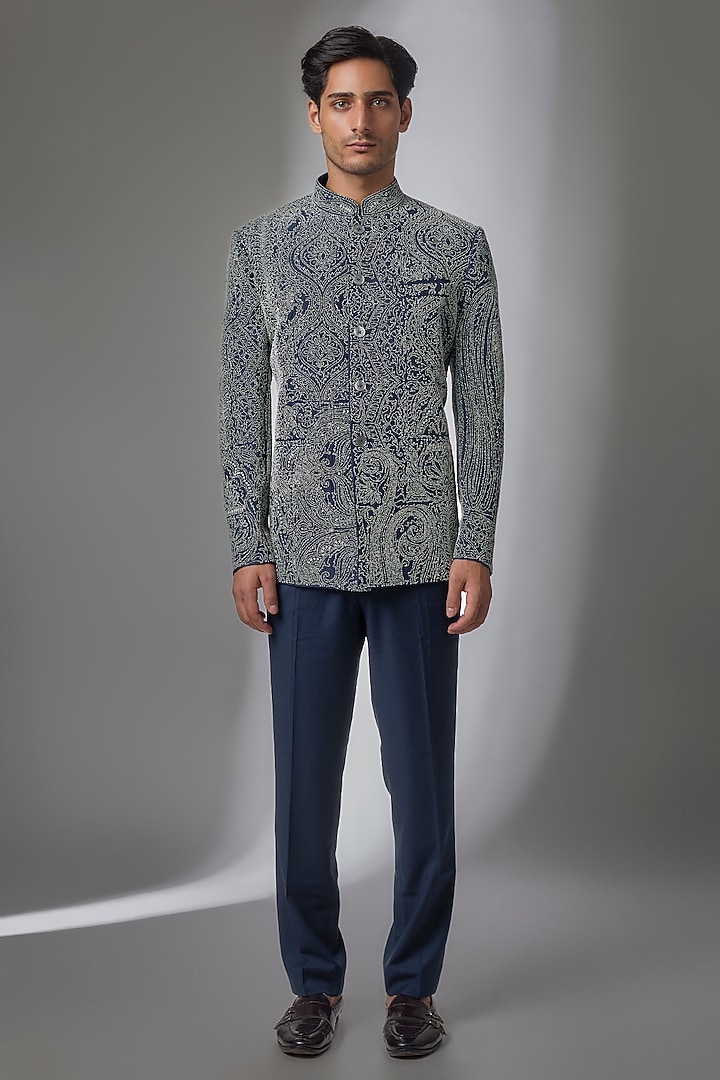 Blue Matka Silk Groom Bandhgala Set by Divyam Mehta Men at Pernia's Pop Up Shop