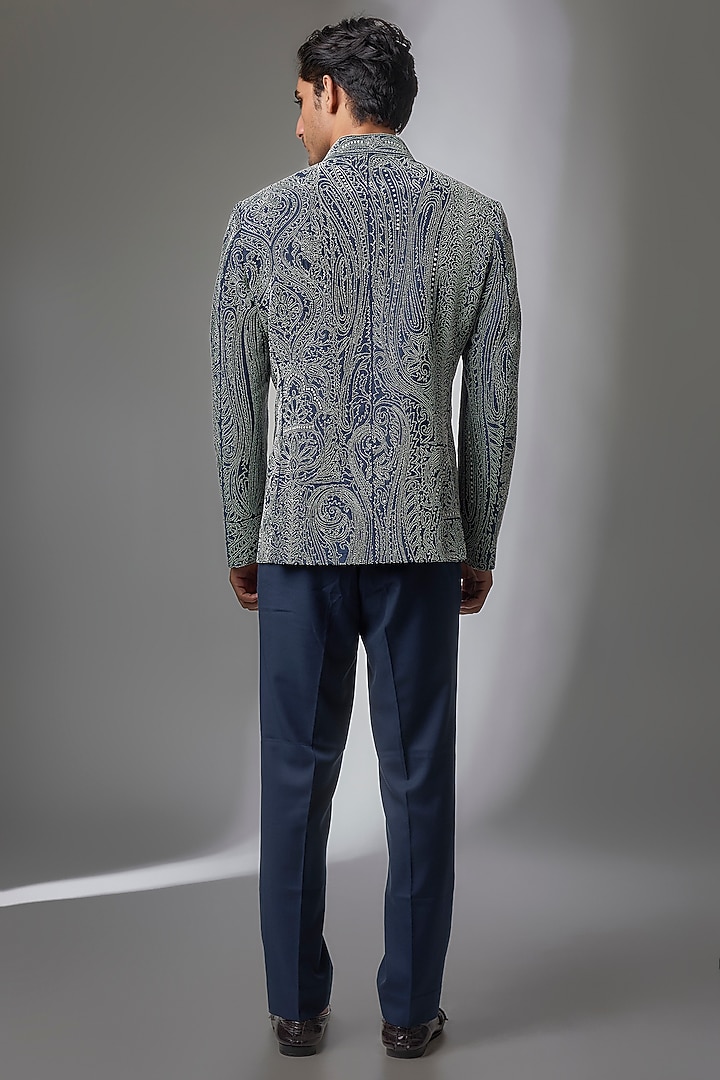 Blue Matka Silk Groom Bandhgala Set by Divyam Mehta Men at Pernia's Pop Up Shop