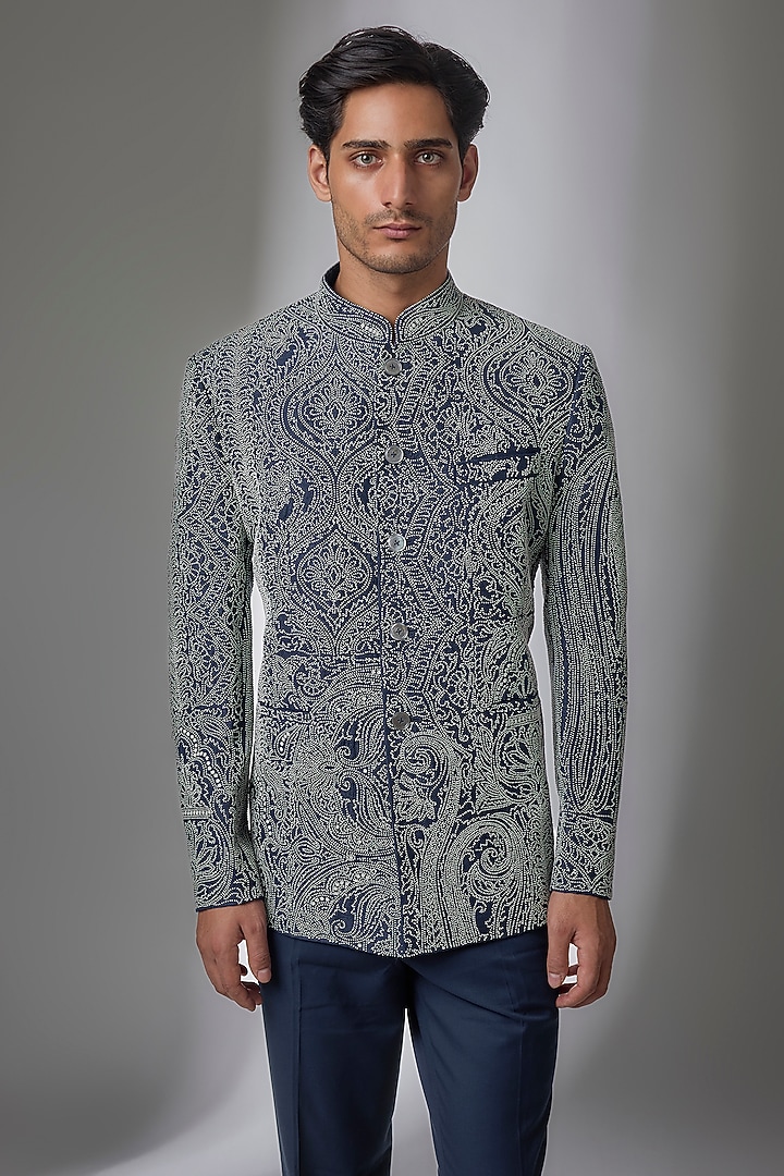 Blue Matka Silk Groom Bandhgala Set by Divyam Mehta Men at Pernia's Pop Up Shop