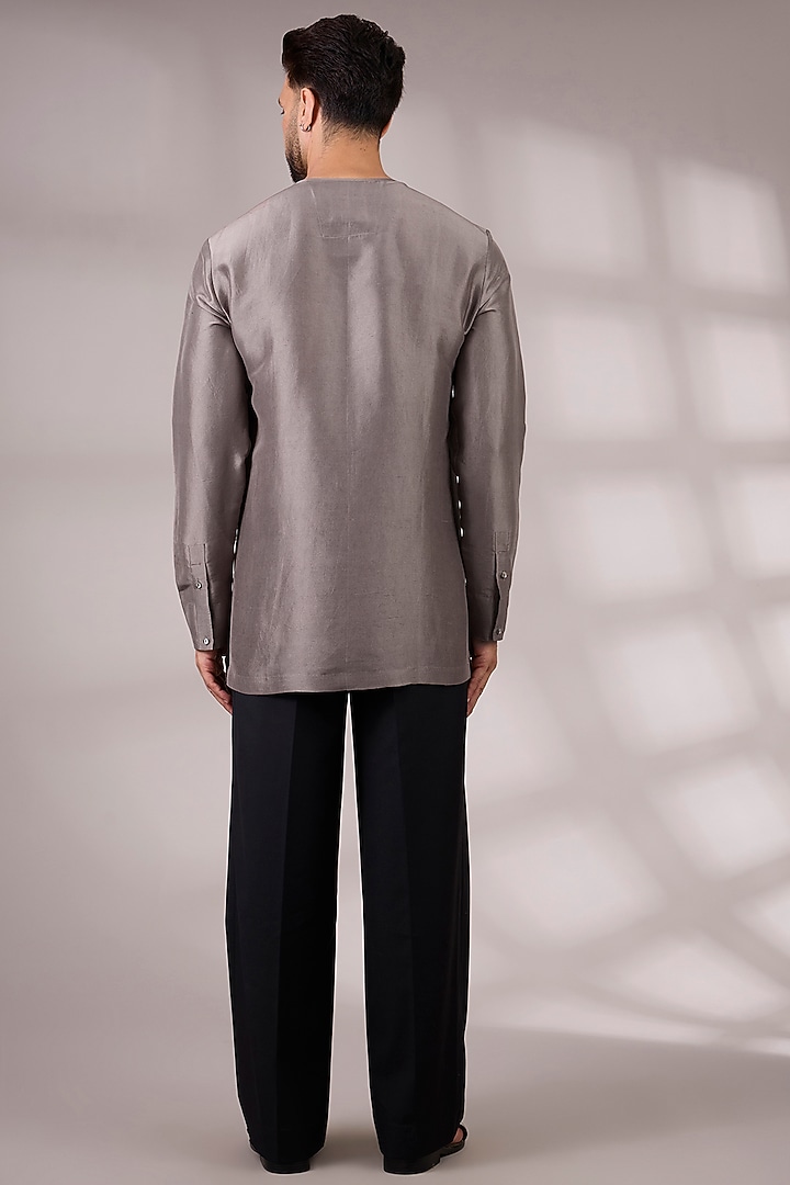 Grey Matka Silk Bundi Jacket Set by Divyam Mehta Men at Pernia's Pop Up Shop