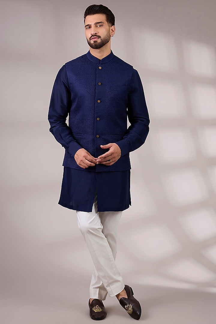 Cobalt Blue Matka Silk Bundi Jacket Set by Divyam Mehta Men at Pernia's Pop Up Shop