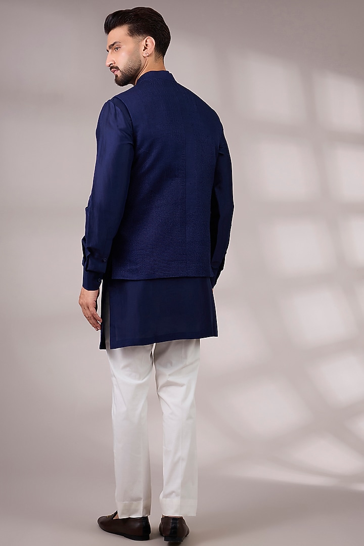 Cobalt Blue Matka Silk Bundi Jacket Set by Divyam Mehta Men at Pernia's Pop Up Shop