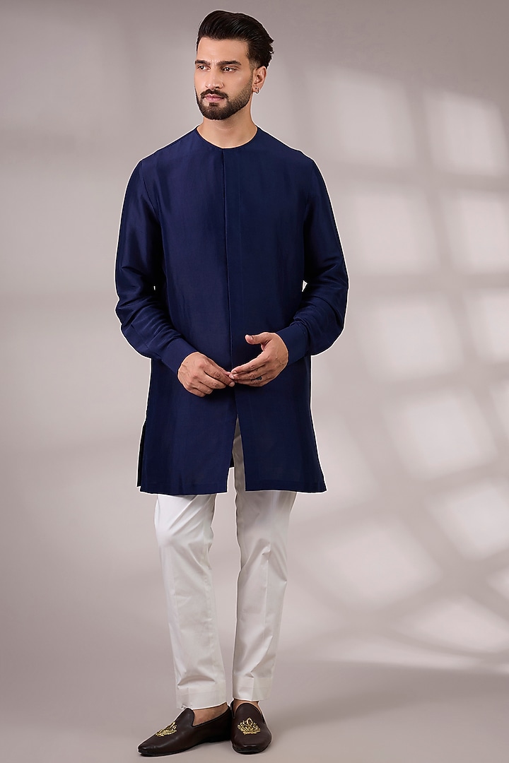 Cobalt Blue Matka Silk Bundi Jacket Set by Divyam Mehta Men at Pernia's Pop Up Shop