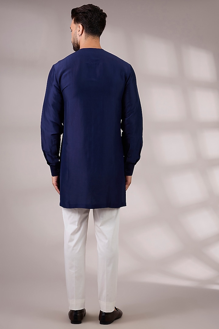 Cobalt Blue Matka Silk Bundi Jacket Set by Divyam Mehta Men at Pernia's Pop Up Shop