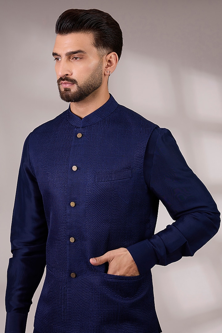 Cobalt Blue Matka Silk Bundi Jacket Set by Divyam Mehta Men at Pernia's Pop Up Shop