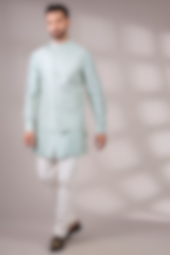 Sage Green Matka Silk Bundi Jacket Set by Divyam Mehta Men at Pernia's Pop Up Shop