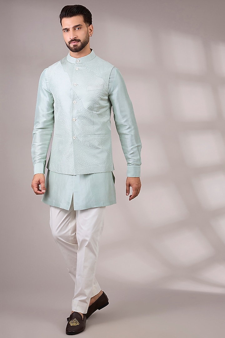 Sage Green Matka Silk Bundi Jacket Set by Divyam Mehta Men at Pernia's Pop Up Shop