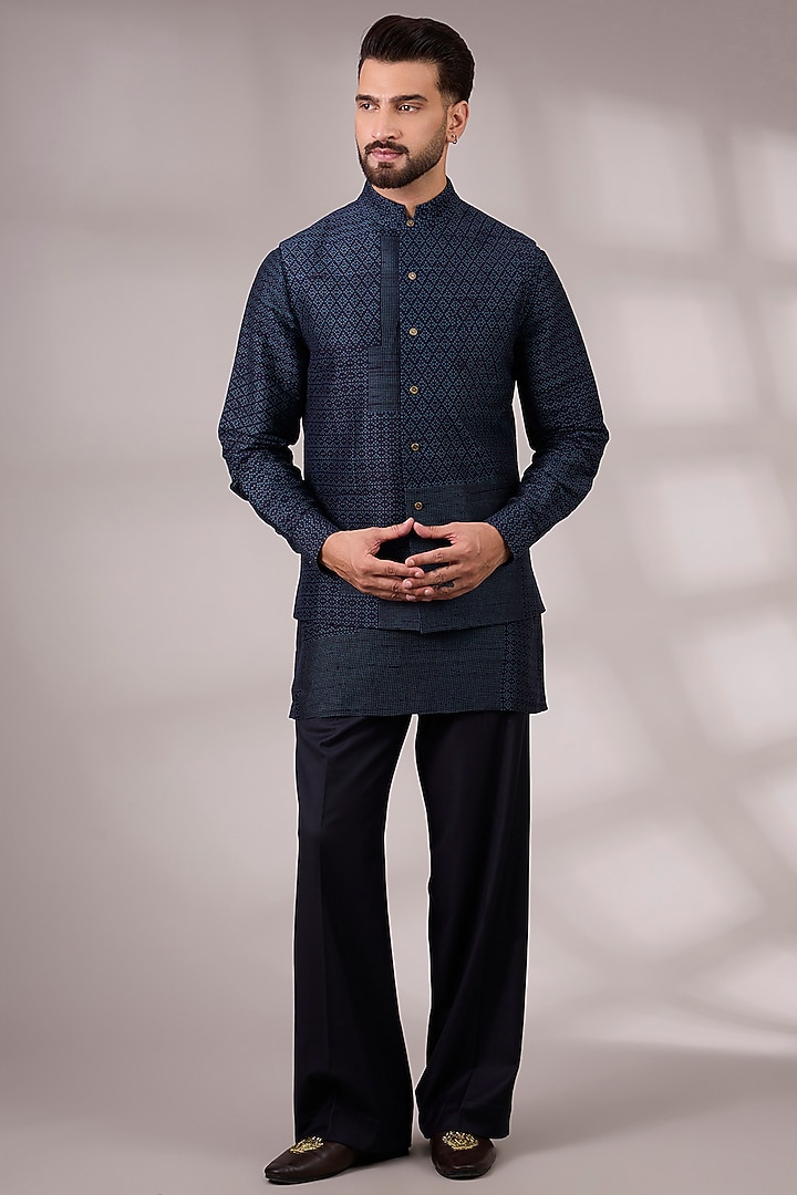 Space Blue Matka Silk Bundi Jacket Set by Divyam Mehta Men at Pernia's Pop Up Shop