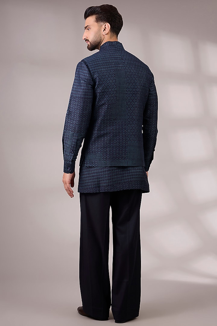 Space Blue Matka Silk Bundi Jacket Set by Divyam Mehta Men at Pernia's Pop Up Shop