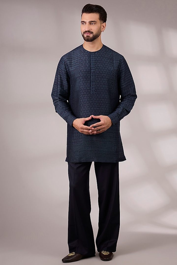 Space Blue Matka Silk Bundi Jacket Set by Divyam Mehta Men at Pernia's Pop Up Shop