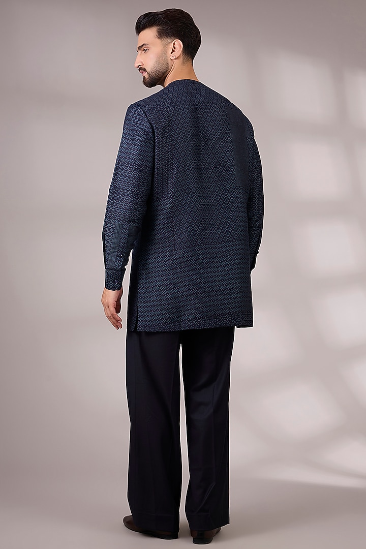 Space Blue Matka Silk Bundi Jacket Set by Divyam Mehta Men at Pernia's Pop Up Shop