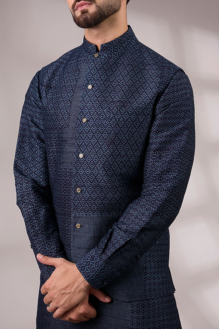Space Blue Matka Silk Bundi Jacket Set by Divyam Mehta Men at Pernia's Pop Up Shop