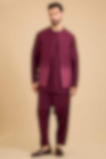 Berry Wine Matka Silk Bundi Jacket Set by Divyam Mehta Men at Pernia's Pop Up Shop
