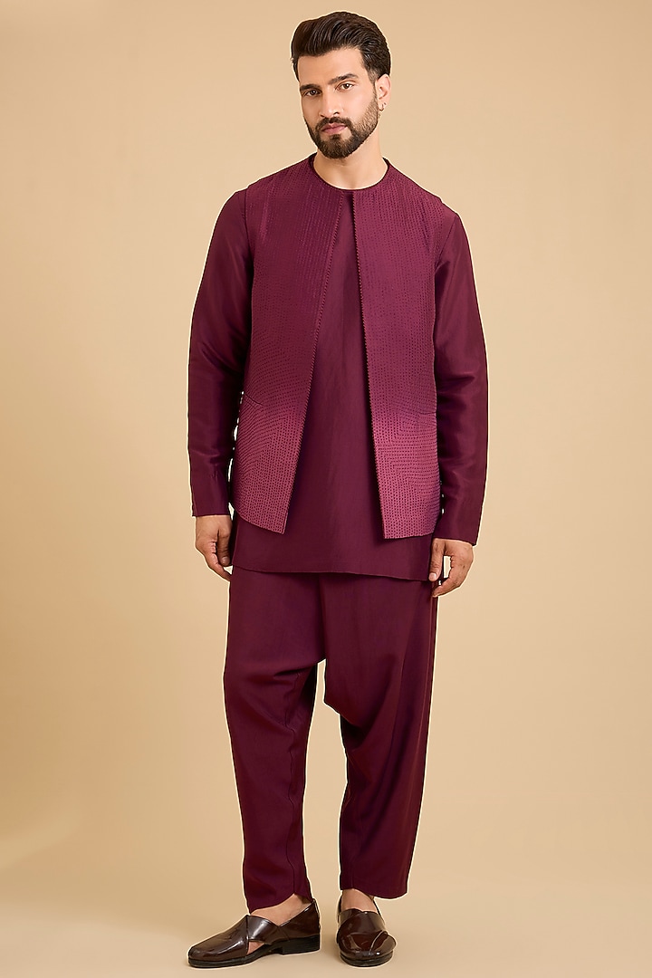 Berry Wine Matka Silk Bundi Jacket Set by Divyam Mehta Men at Pernia's Pop Up Shop