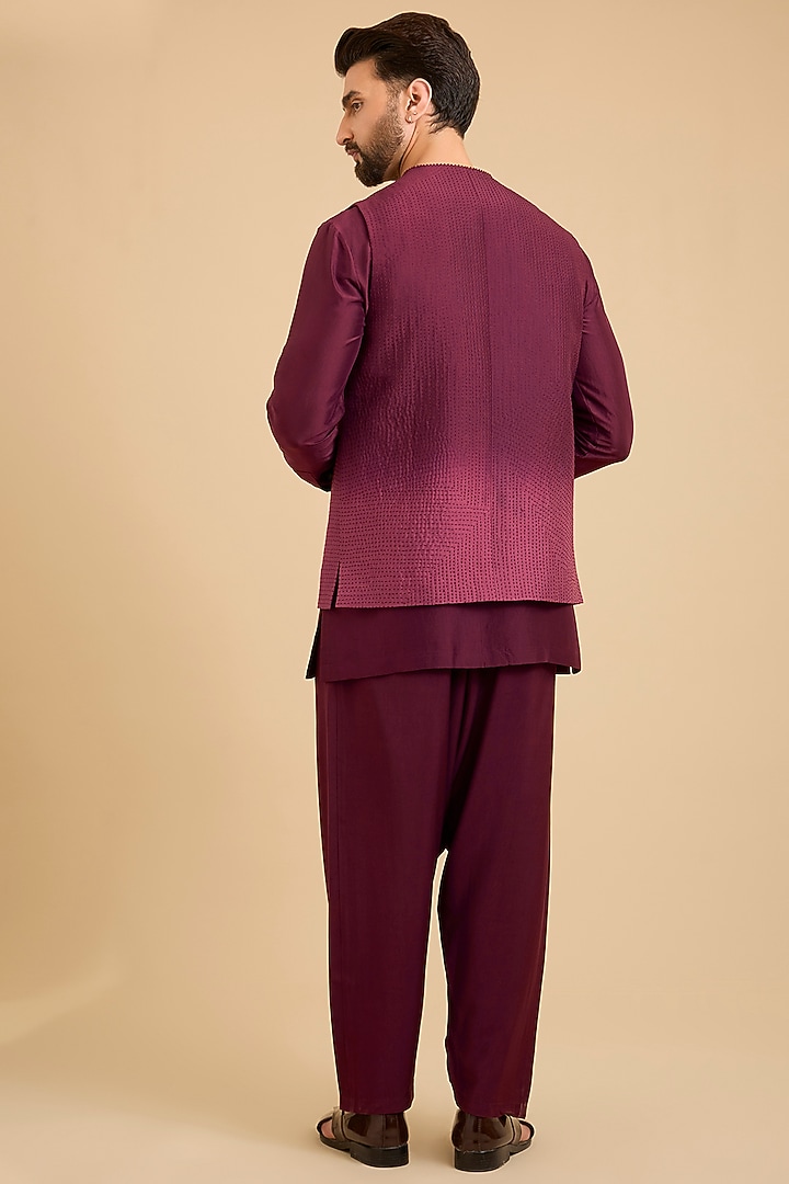 Berry Wine Matka Silk Bundi Jacket Set by Divyam Mehta Men at Pernia's Pop Up Shop