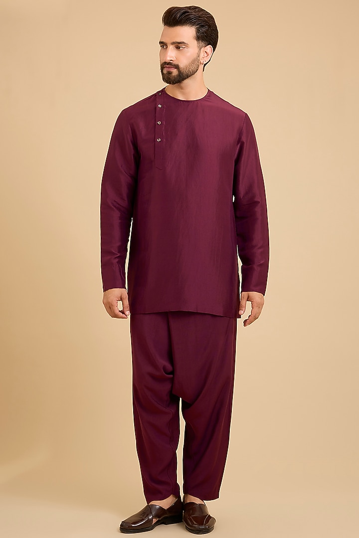 Berry Wine Matka Silk Bundi Jacket Set by Divyam Mehta Men at Pernia's Pop Up Shop