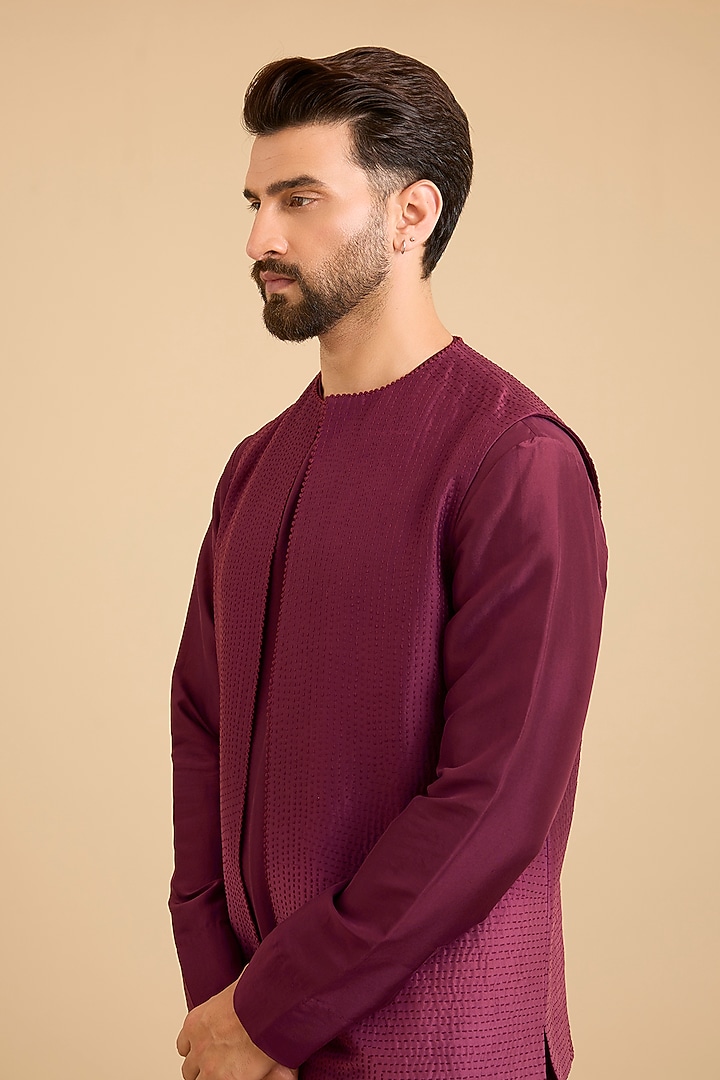 Berry Wine Matka Silk Bundi Jacket Set by Divyam Mehta Men at Pernia's Pop Up Shop