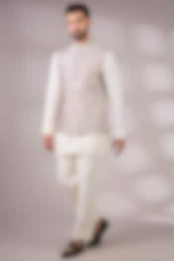 Ivory & Multi-Colored Matka Silk Bundi Jacket Set by Divyam Mehta Men at Pernia's Pop Up Shop