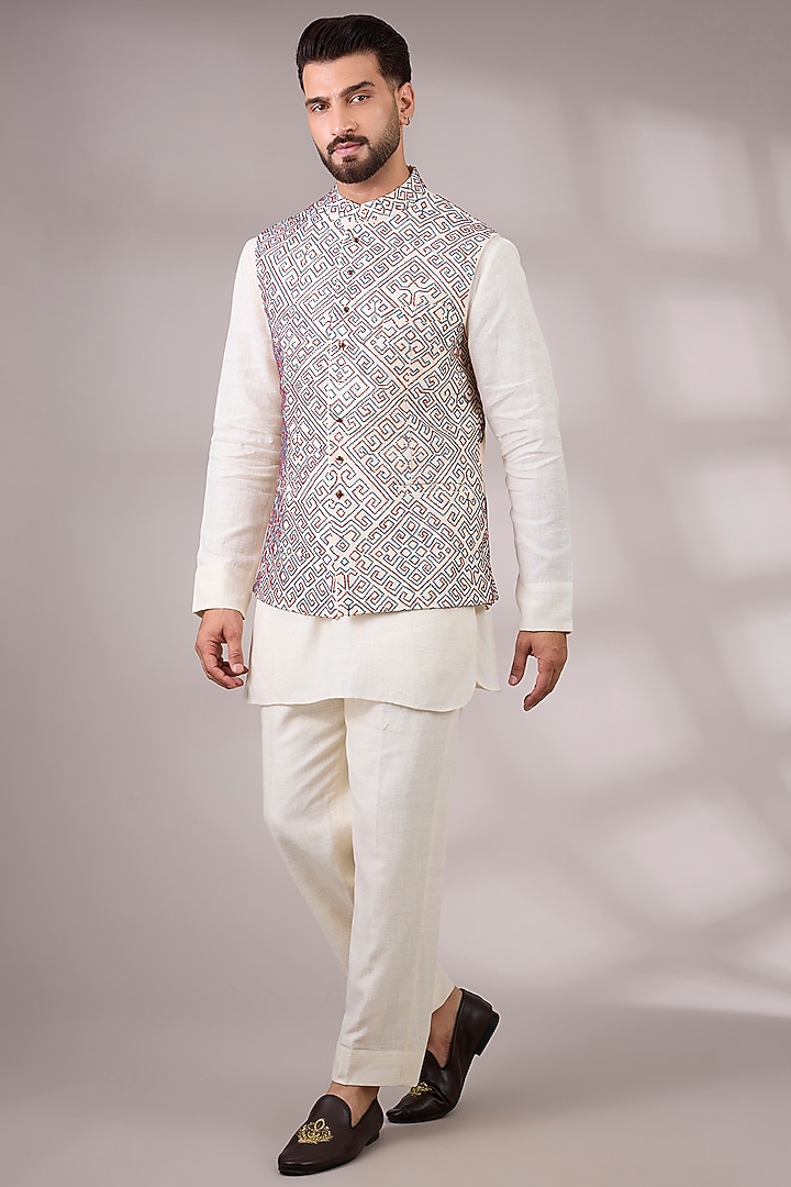 Ivory & Multi-Colored Matka Silk Bundi Jacket Set by Divyam Mehta Men at Pernia's Pop Up Shop