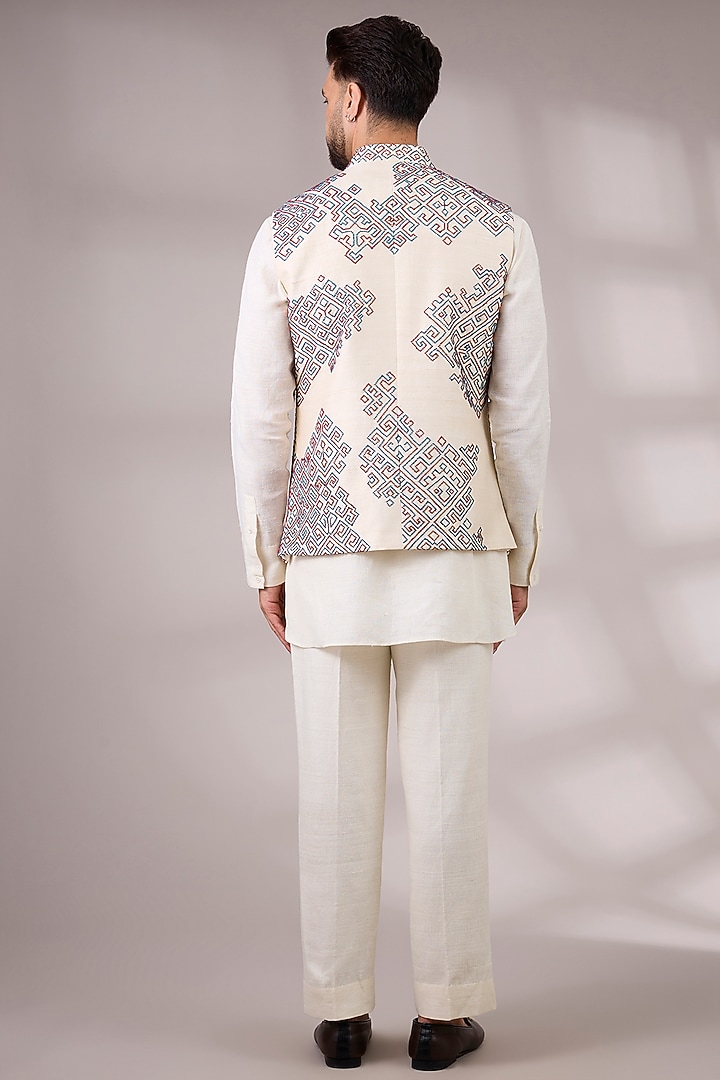 Ivory & Multi-Colored Matka Silk Bundi Jacket Set by Divyam Mehta Men at Pernia's Pop Up Shop
