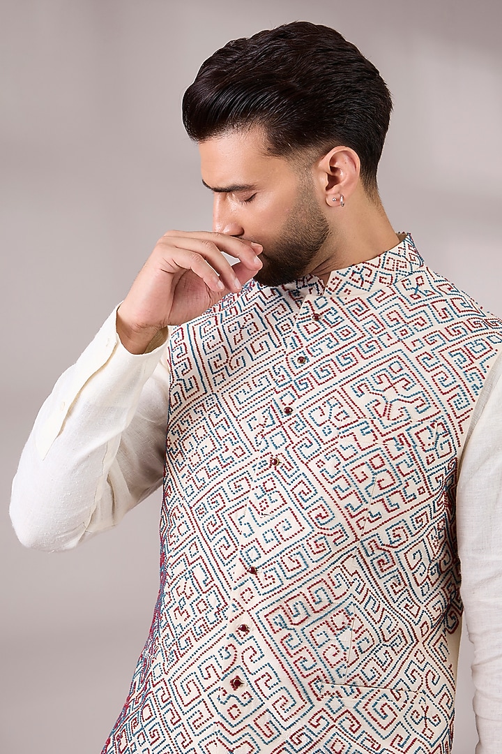 Ivory & Multi-Colored Matka Silk Bundi Jacket Set by Divyam Mehta Men at Pernia's Pop Up Shop