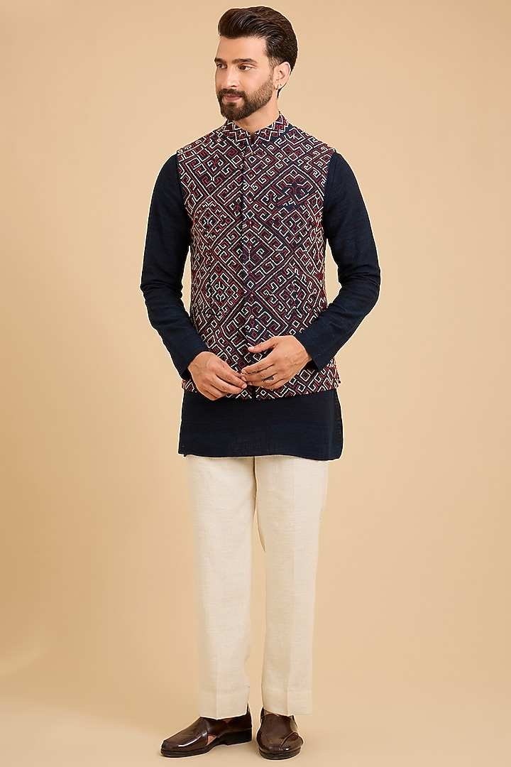 Indigo Matka Silk Bundi Jacket Set by Divyam Mehta Men at Pernia's Pop Up Shop