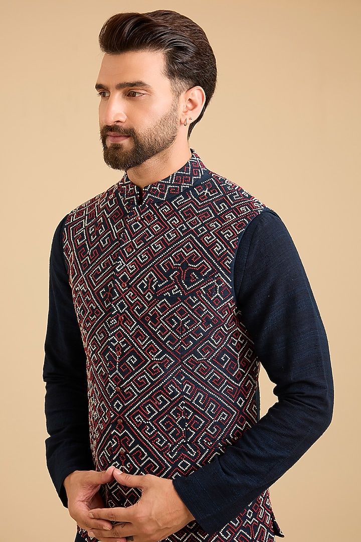 Indigo Matka Silk Bundi Jacket Set by Divyam Mehta Men at Pernia's Pop Up Shop