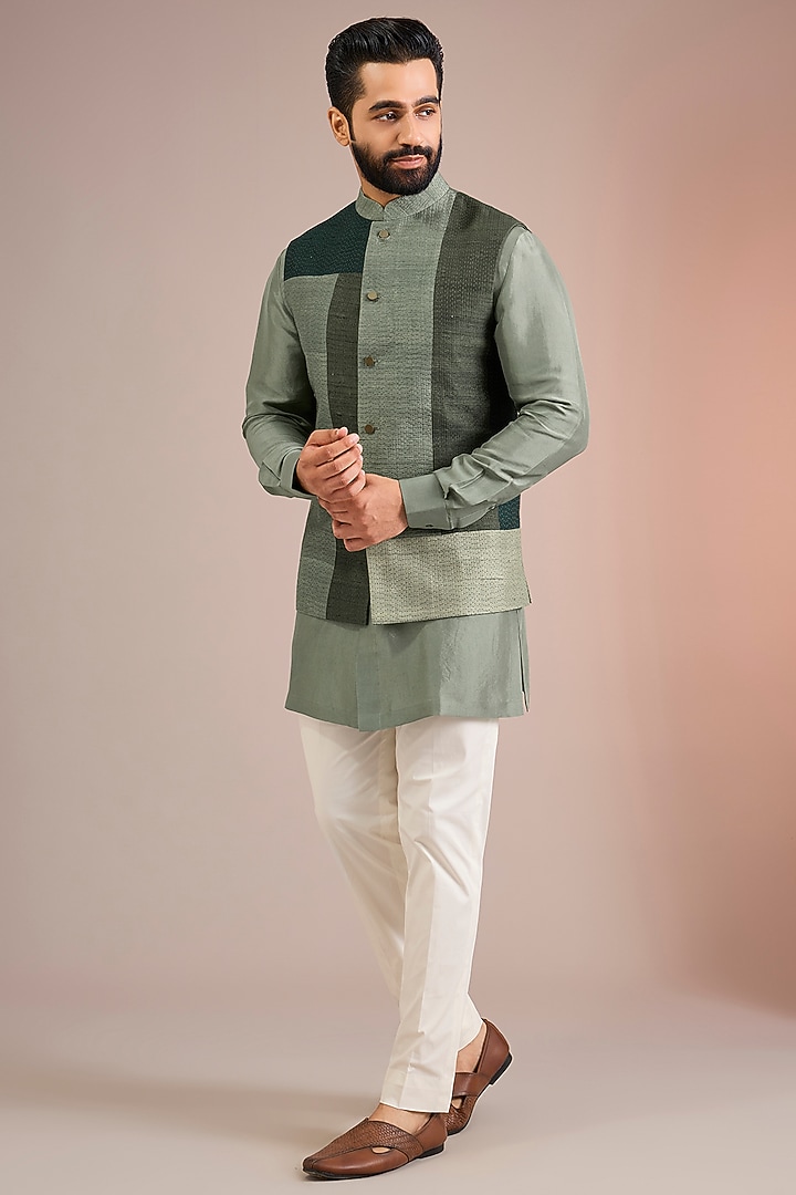 Bottle Green Mulberry Silk Bundi Jacket Set by Divyam Mehta Men at Pernia's Pop Up Shop