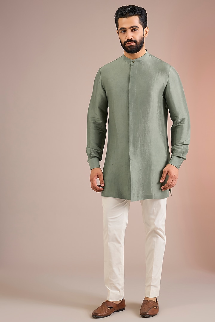 Bottle Green Mulberry Silk Bundi Jacket Set by Divyam Mehta Men at Pernia's Pop Up Shop