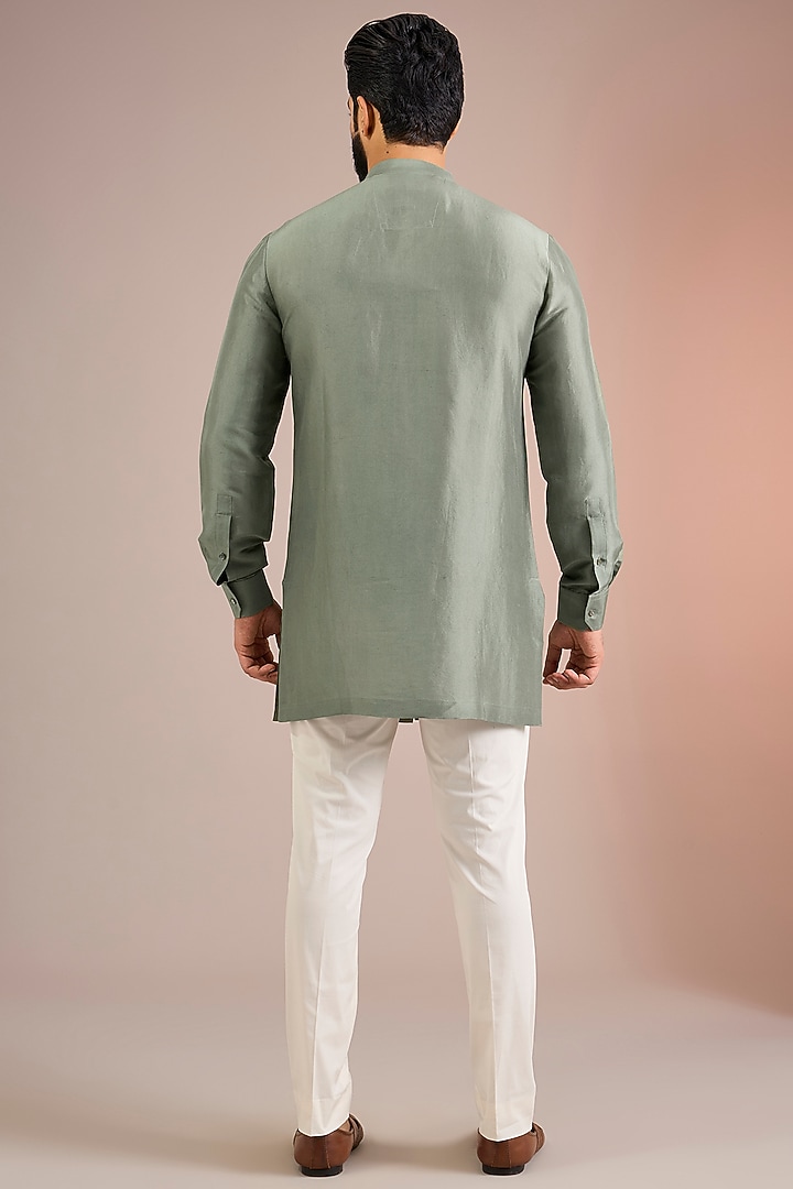 Bottle Green Mulberry Silk Bundi Jacket Set by Divyam Mehta Men at Pernia's Pop Up Shop
