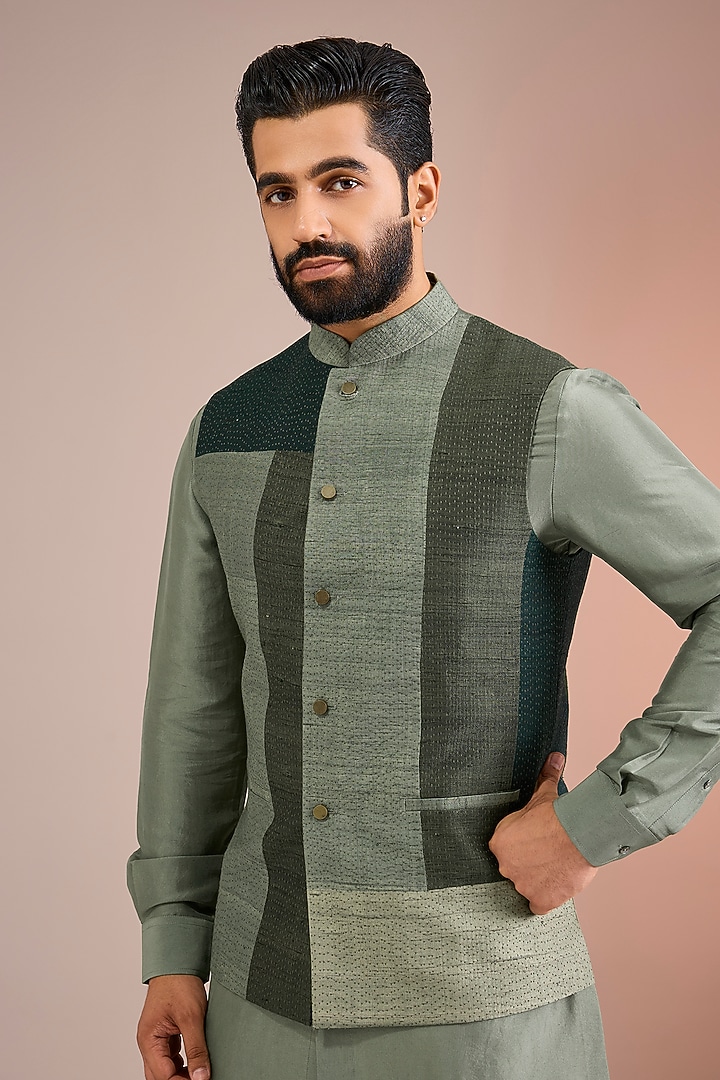 Bottle Green Mulberry Silk Bundi Jacket Set by Divyam Mehta Men at Pernia's Pop Up Shop