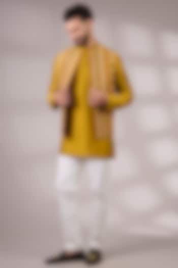 Haldi Yellow Matka Silk Bundi Jacket Set by Divyam Mehta Men at Pernia's Pop Up Shop