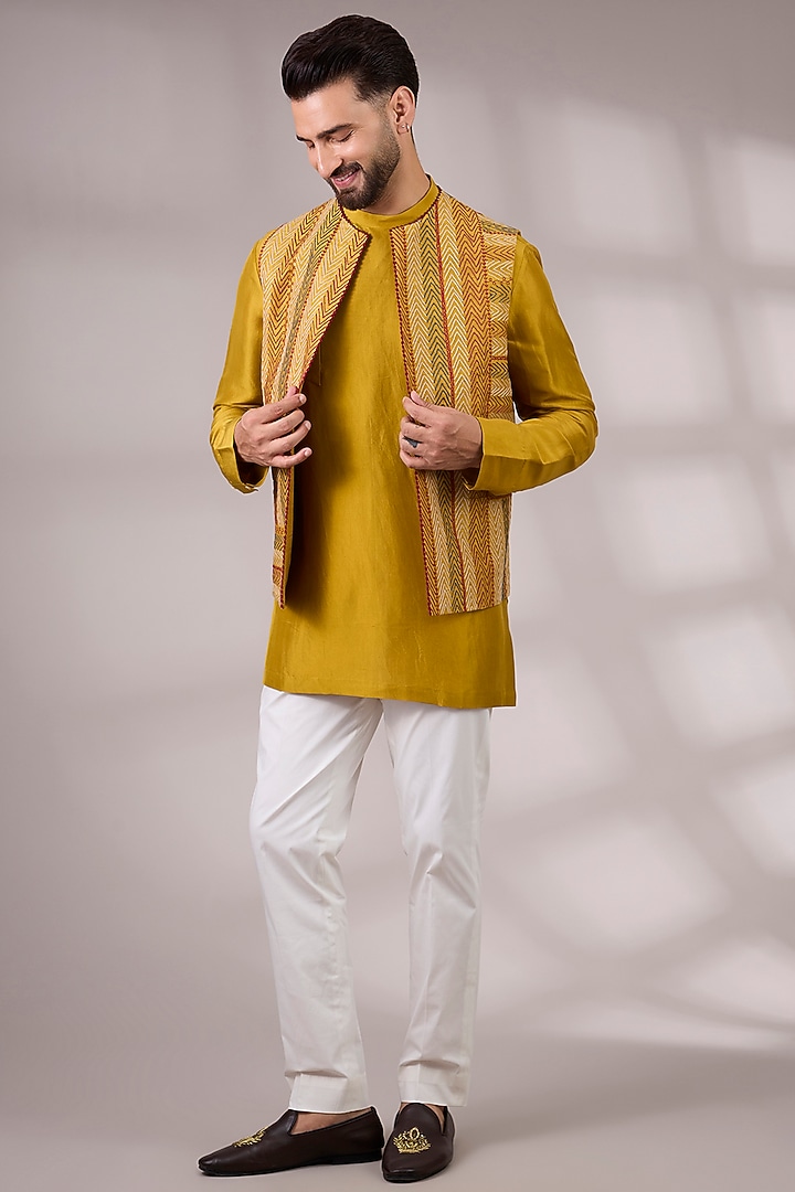 Haldi Yellow Matka Silk Bundi Jacket Set by Divyam Mehta Men at Pernia's Pop Up Shop