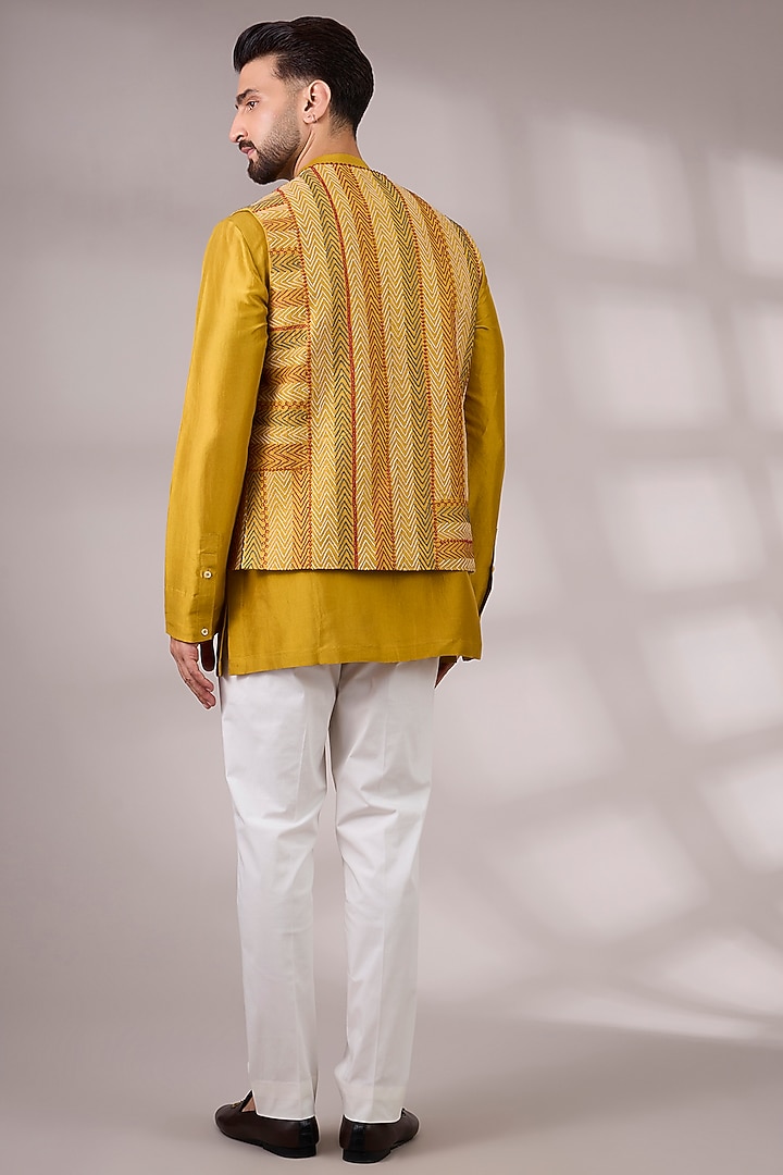 Haldi Yellow Matka Silk Bundi Jacket Set by Divyam Mehta Men at Pernia's Pop Up Shop