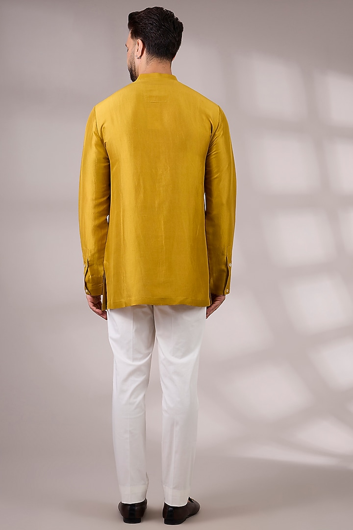 Haldi Yellow Matka Silk Bundi Jacket Set by Divyam Mehta Men at Pernia's Pop Up Shop